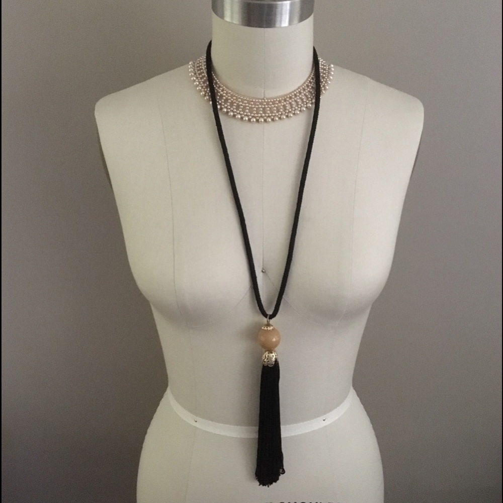 Black Tassel and Bead Necklace